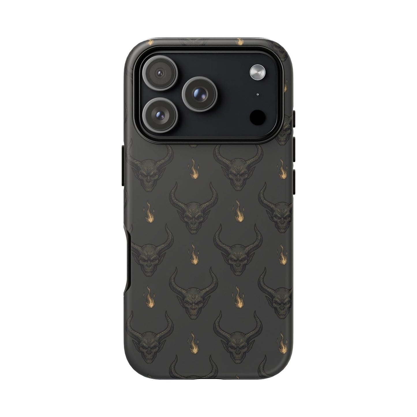Dark Skull Pattern Phone Case — Gothic Bull Skull with Tiny Flame Accent