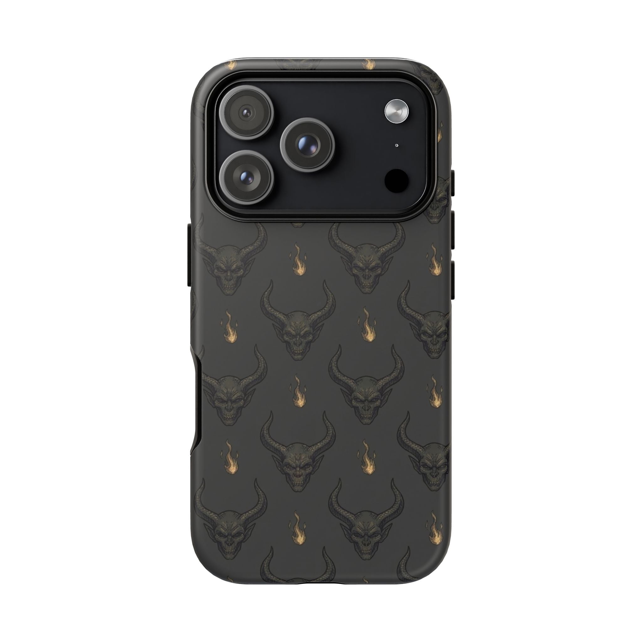 Dark Skull Pattern Phone Case — Gothic Bull Skull with Tiny Flame Accent