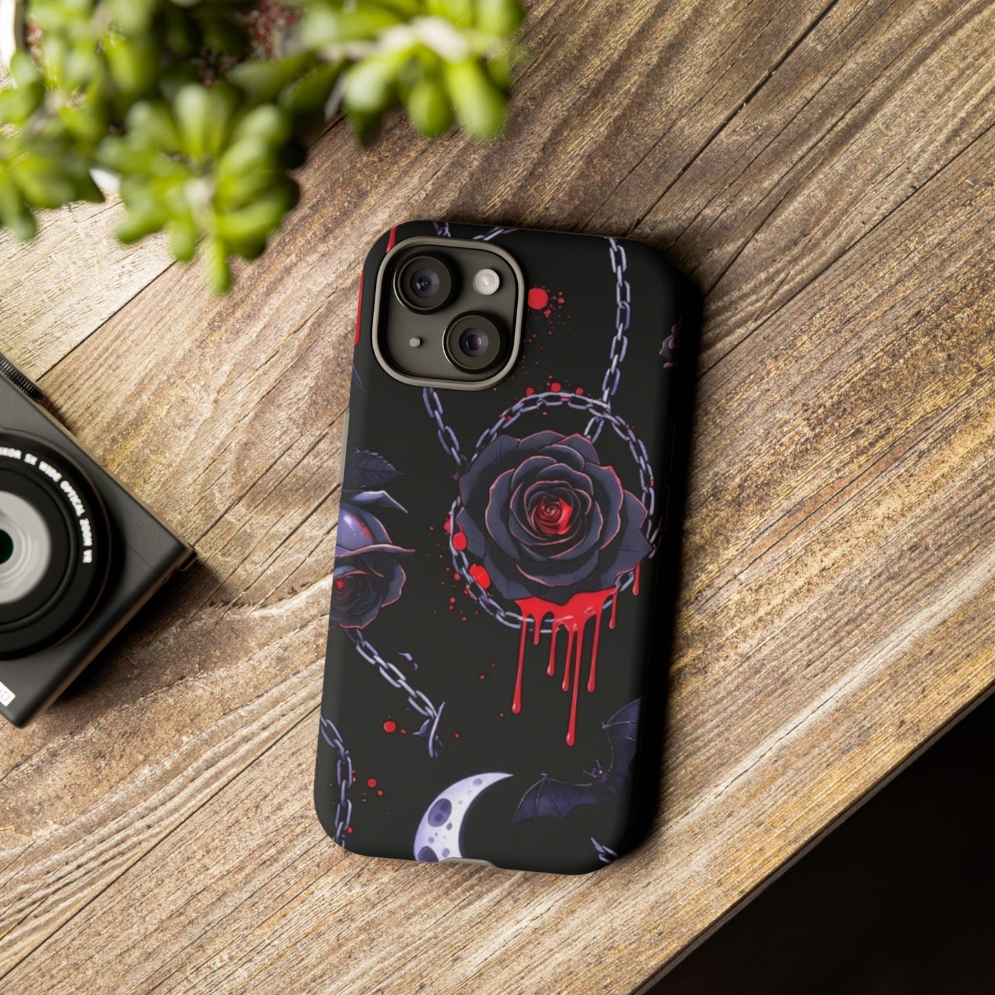 Phone Case — Gothic Dripping Black Rose & Moon Protective Case