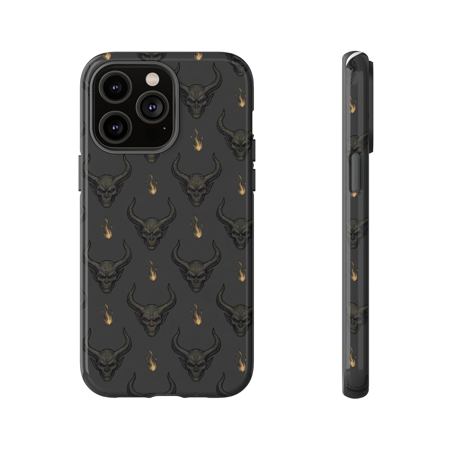 Dark Skull Pattern Phone Case — Gothic Bull Skull with Tiny Flame Accent