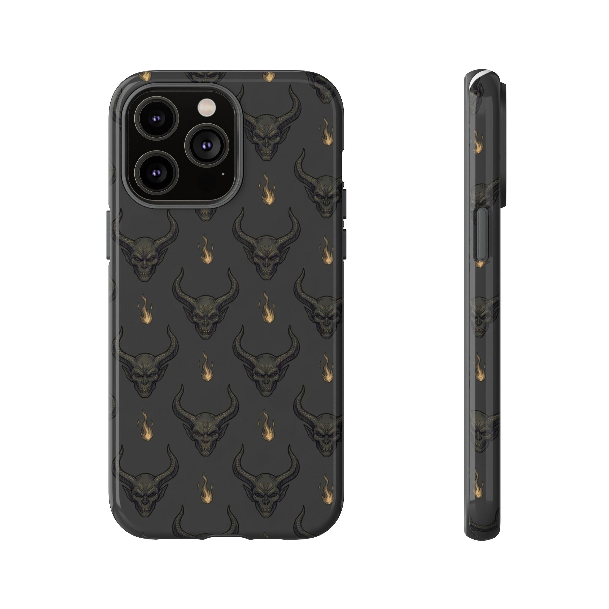 Dark Skull Pattern Phone Case — Gothic Bull Skull with Tiny Flame Accent