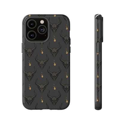 Dark Skull Pattern Phone Case — Gothic Bull Skull with Tiny Flame Accent