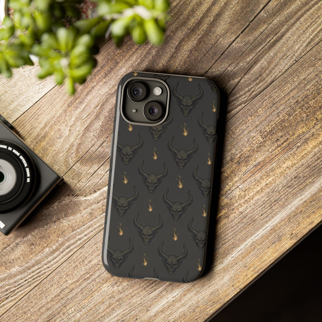 Dark Skull Pattern Phone Case — Gothic Bull Skull with Tiny Flame Accent
