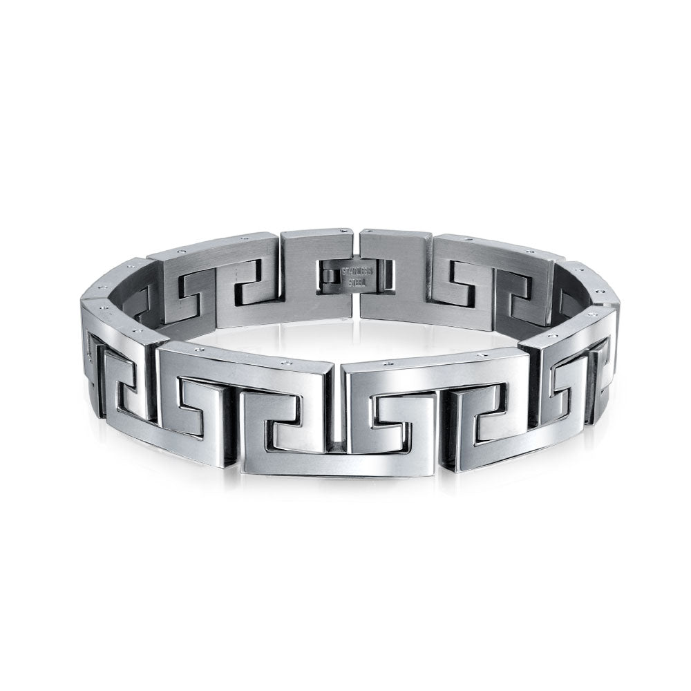 Stainless Steel Infinity Greek Key Link Bracelet 8-9 Inch 12MM Width