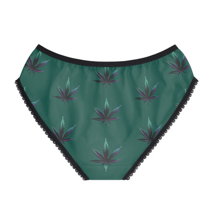 Cannabis Leaf Women's Briefs — Green All-Over Print Lace-Trim Panties