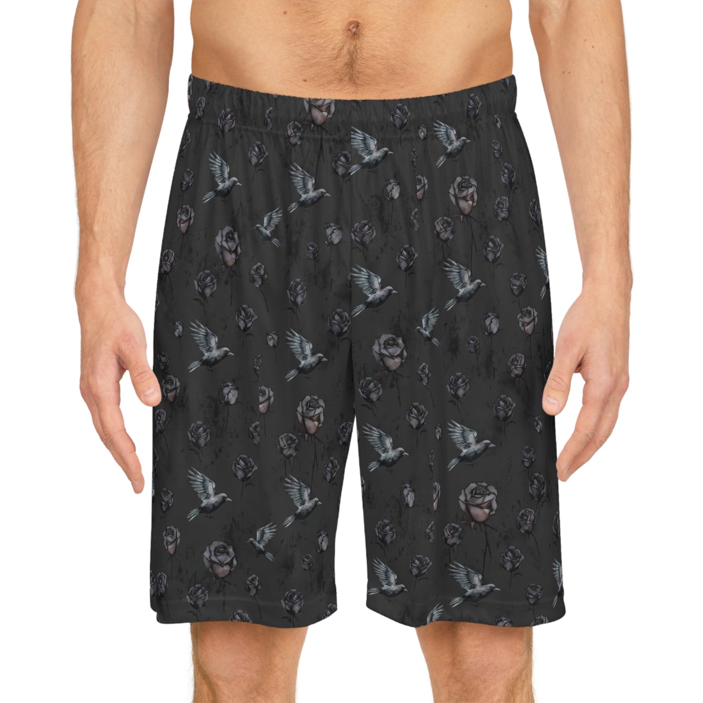 Birds & Roses Basketball Shorts — Dark Floral All-Over Print
