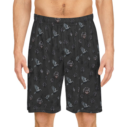 Birds & Roses Basketball Shorts — Dark Floral All-Over Print