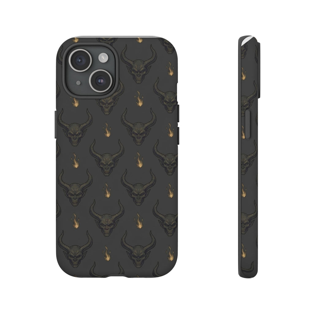 Dark Skull Pattern Phone Case — Gothic Bull Skull with Tiny Flame Accent