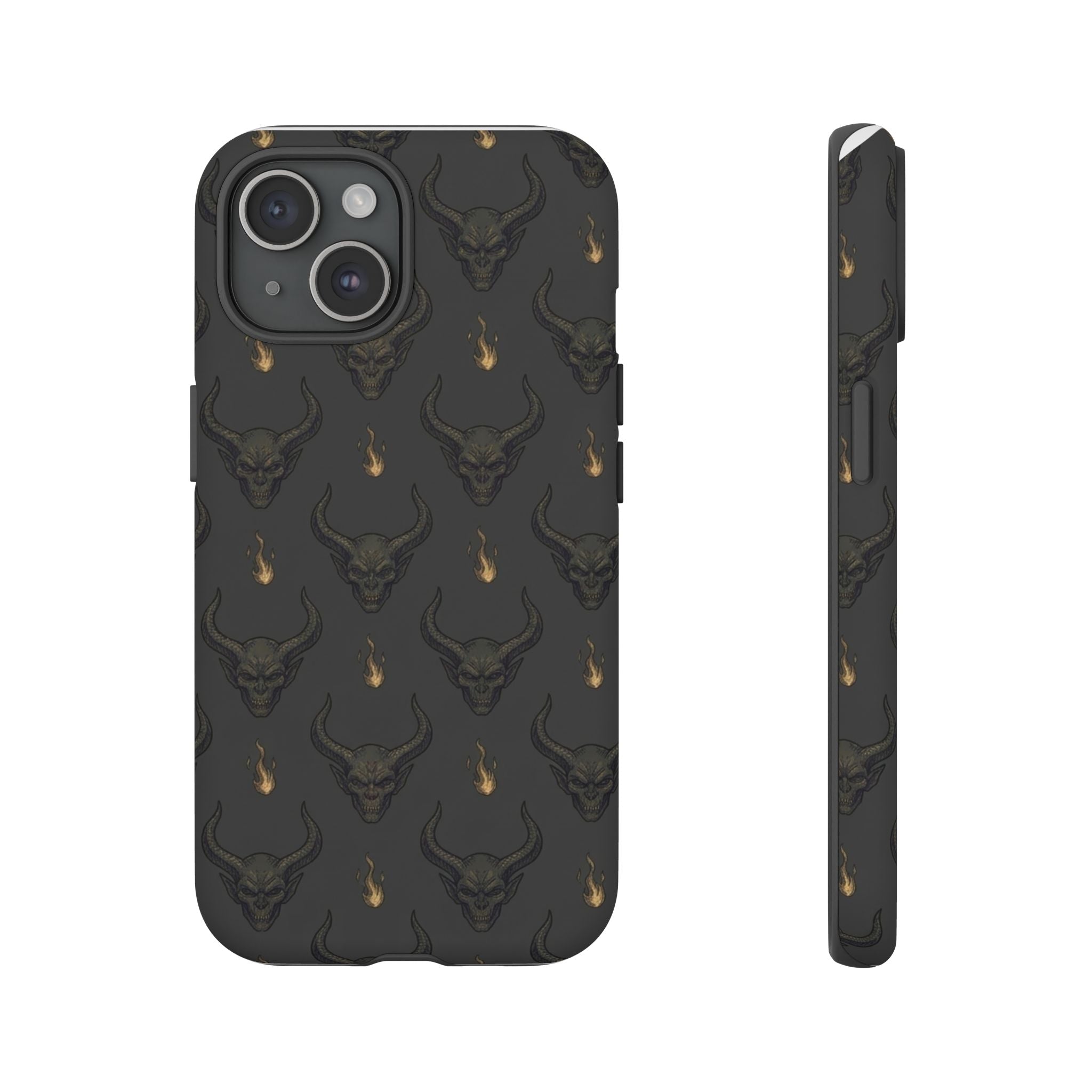Dark Skull Pattern Phone Case — Gothic Bull Skull with Tiny Flame Accent