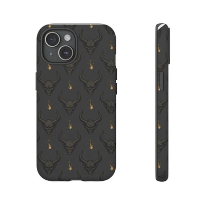Dark Skull Pattern Phone Case — Gothic Bull Skull with Tiny Flame Accent