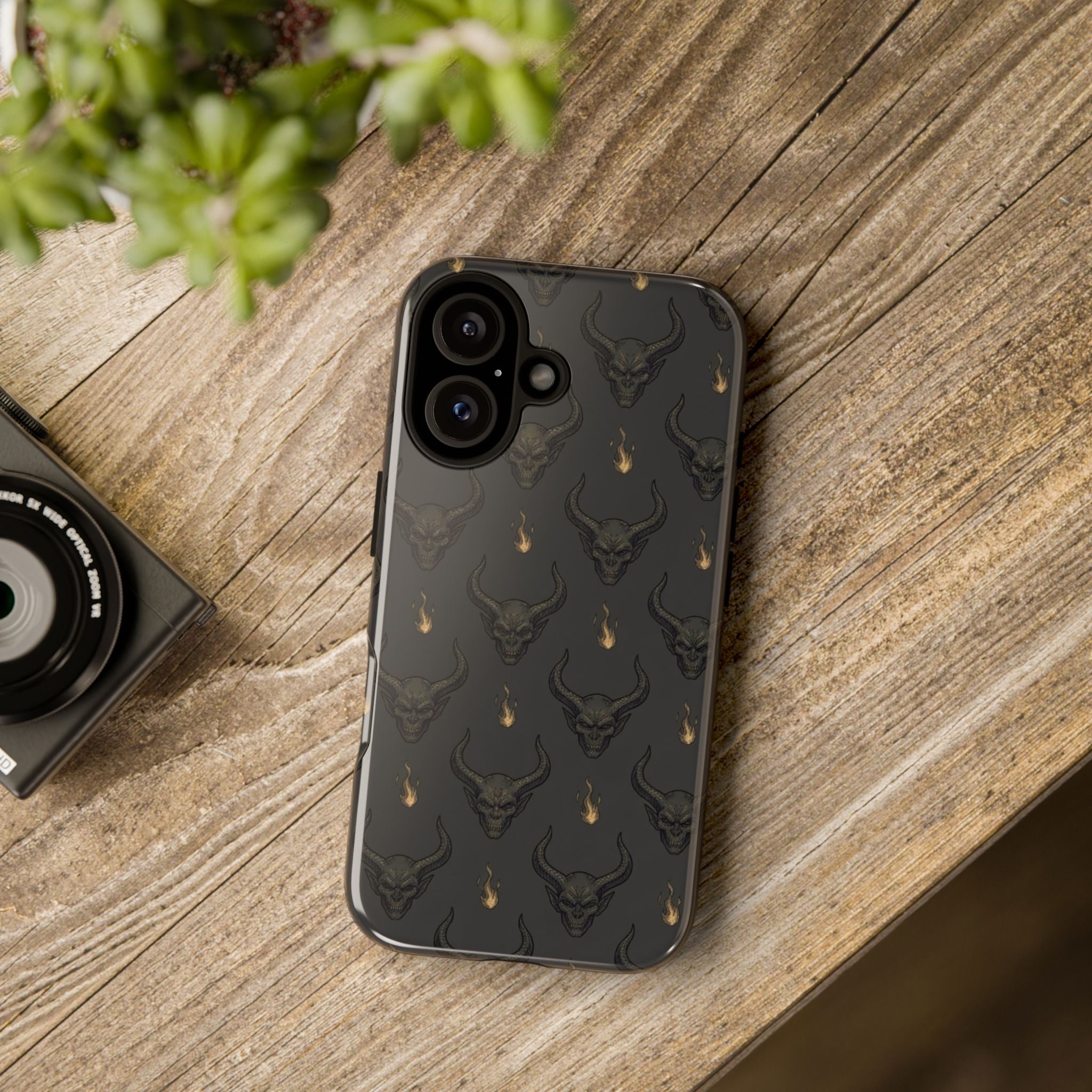 Dark Skull Pattern Phone Case — Gothic Bull Skull with Tiny Flame Accent