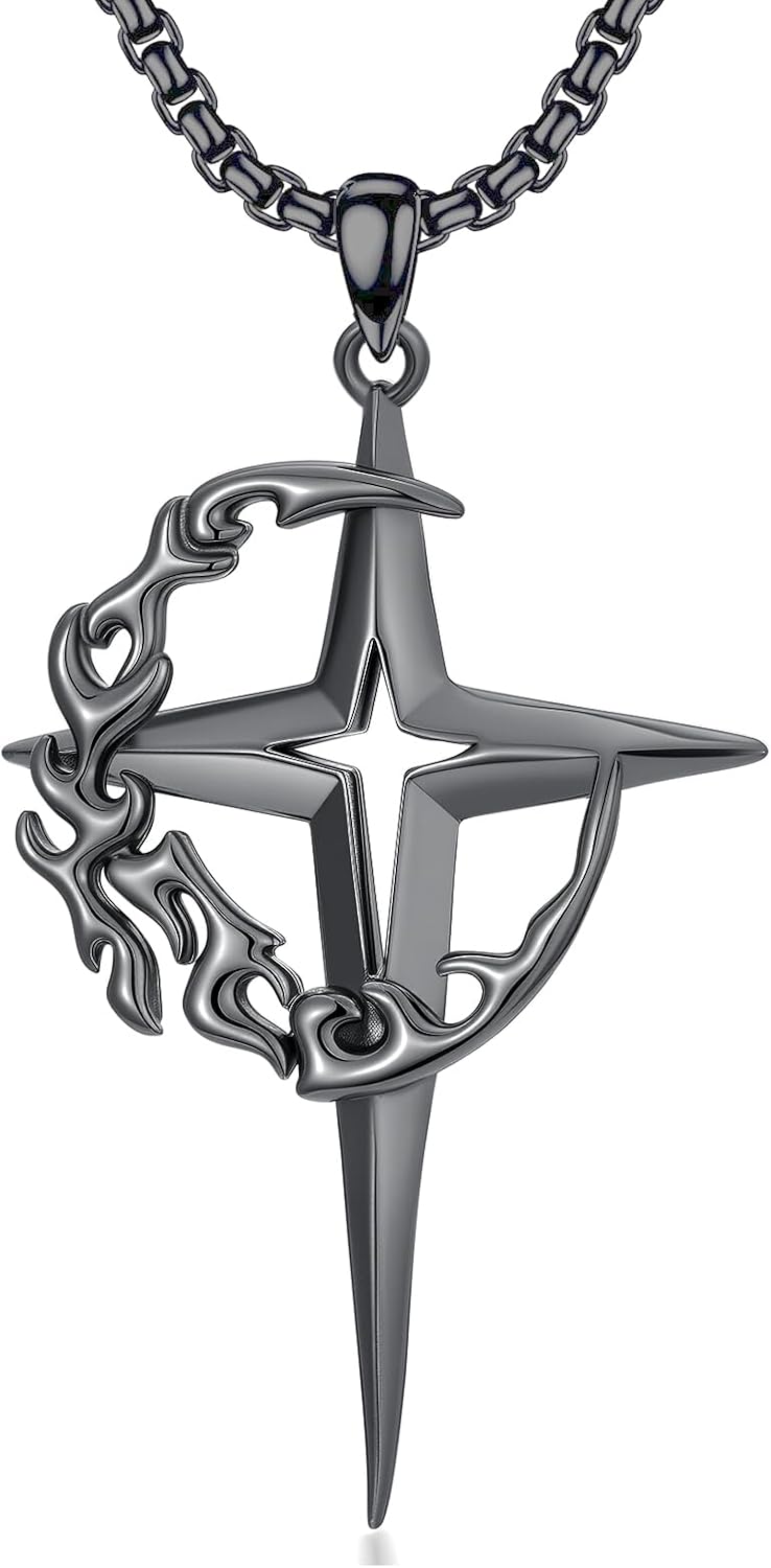 Sterling Silver Gothic Crescent Moon and Star Pendant Necklace