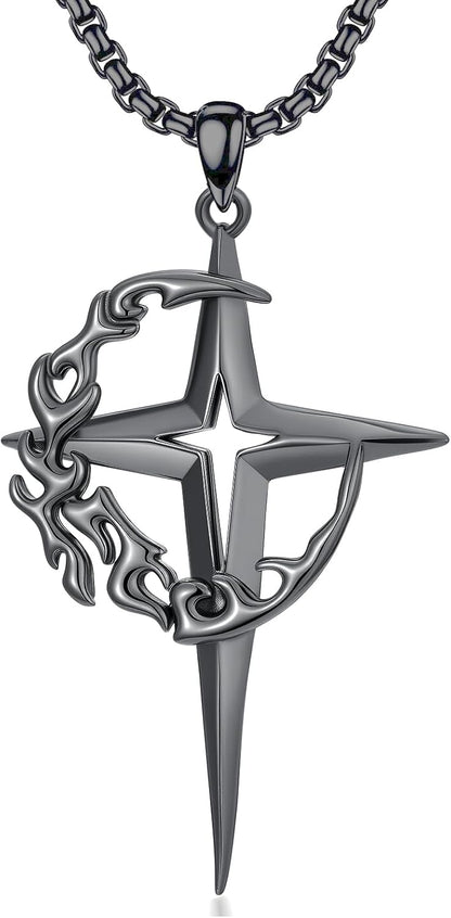 Sterling Silver Gothic Crescent Moon and Star Pendant Necklace