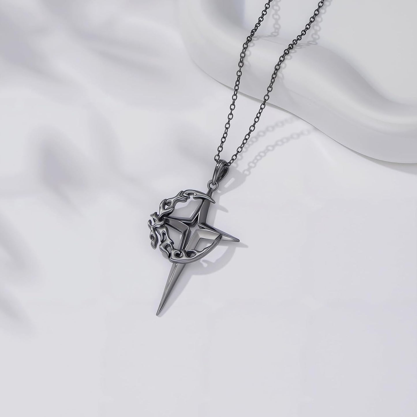 Sterling Silver Gothic Crescent Moon and Star Pendant Necklace