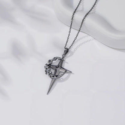 Sterling Silver Gothic Crescent Moon and Star Pendant Necklace