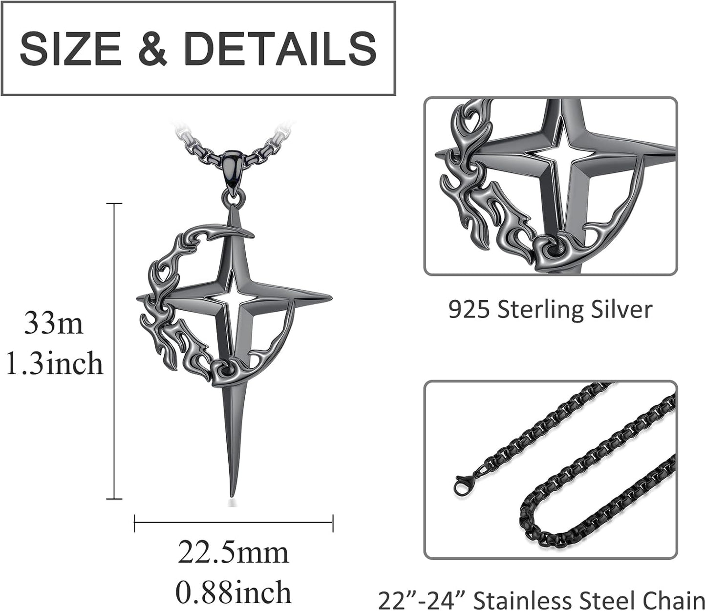 Sterling Silver Gothic Crescent Moon and Star Pendant Necklace