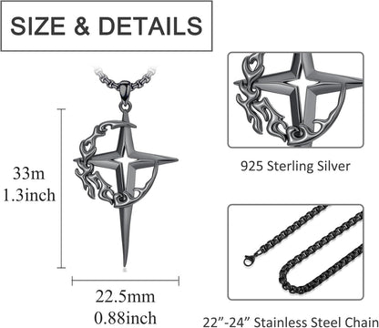 Sterling Silver Gothic Crescent Moon and Star Pendant Necklace