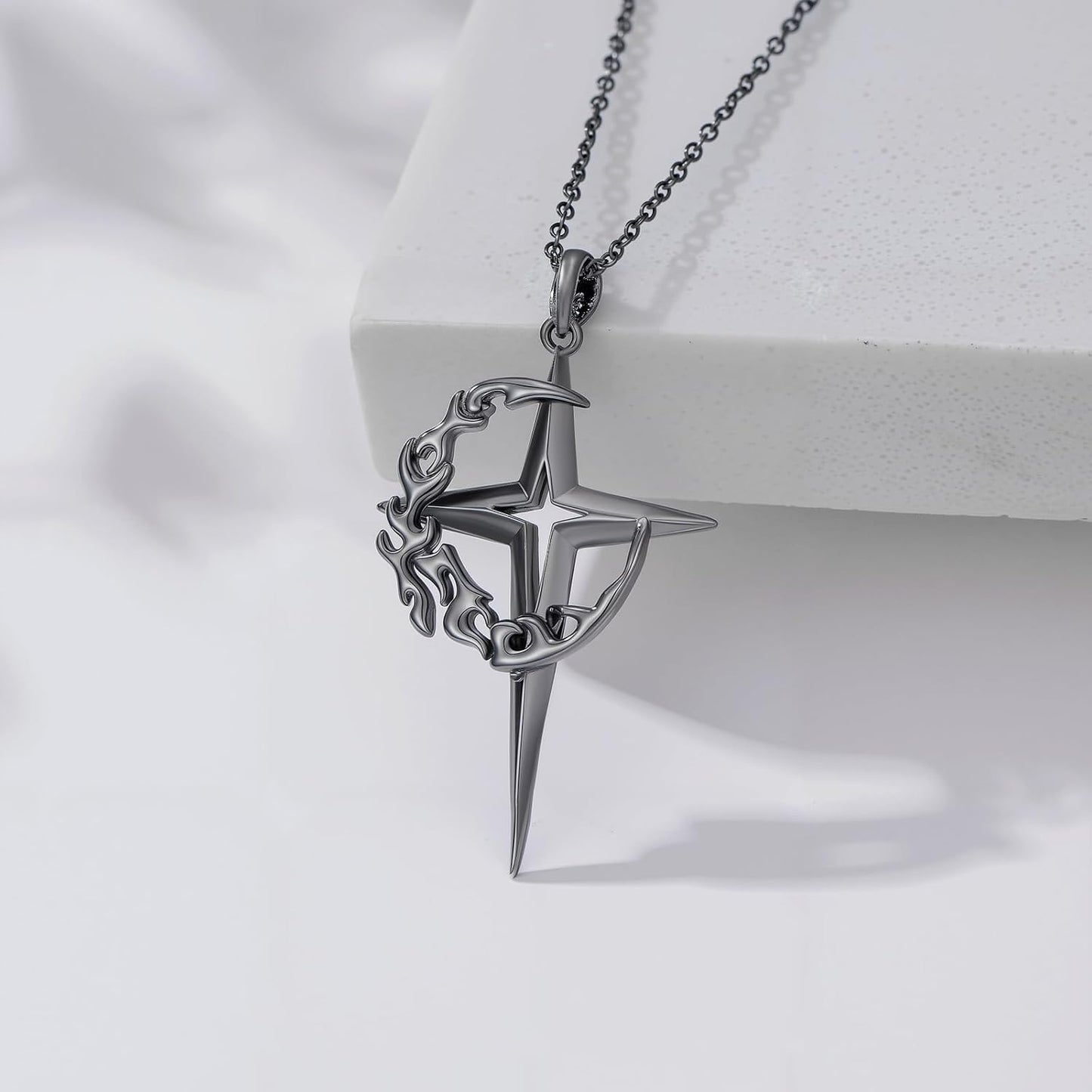Sterling Silver Gothic Crescent Moon and Star Pendant Necklace