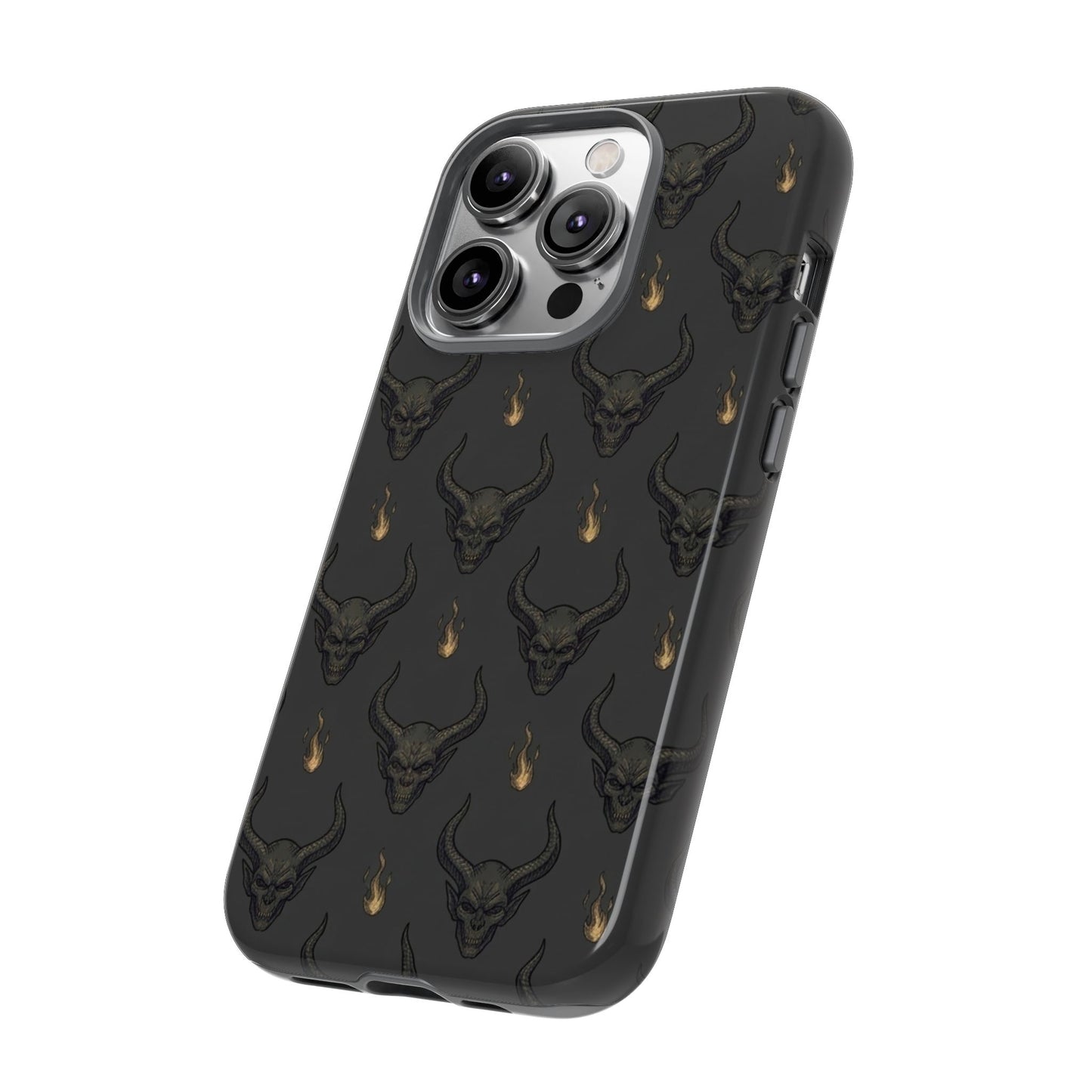 Dark Skull Pattern Phone Case — Gothic Bull Skull with Tiny Flame Accent