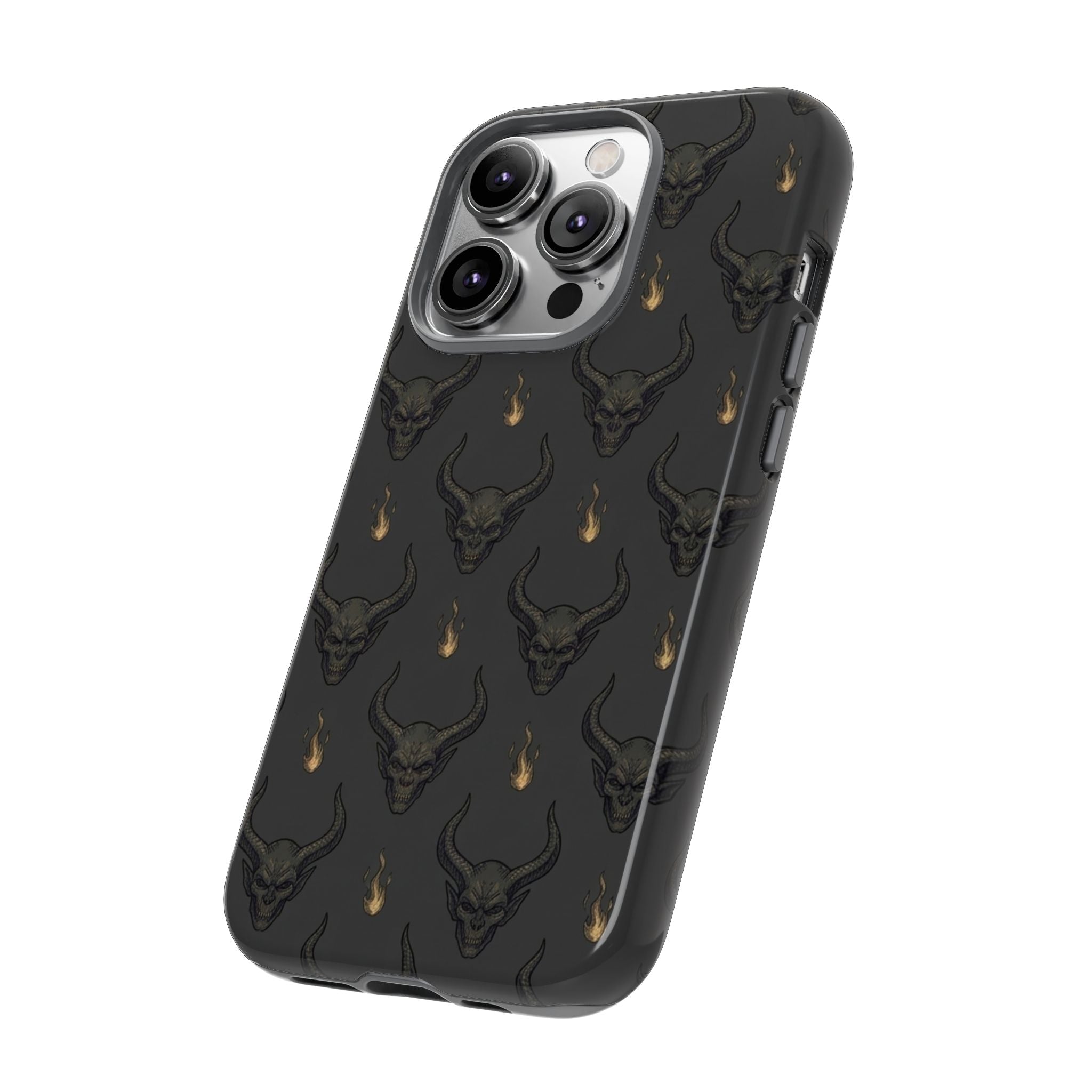 Dark Skull Pattern Phone Case — Gothic Bull Skull with Tiny Flame Accent
