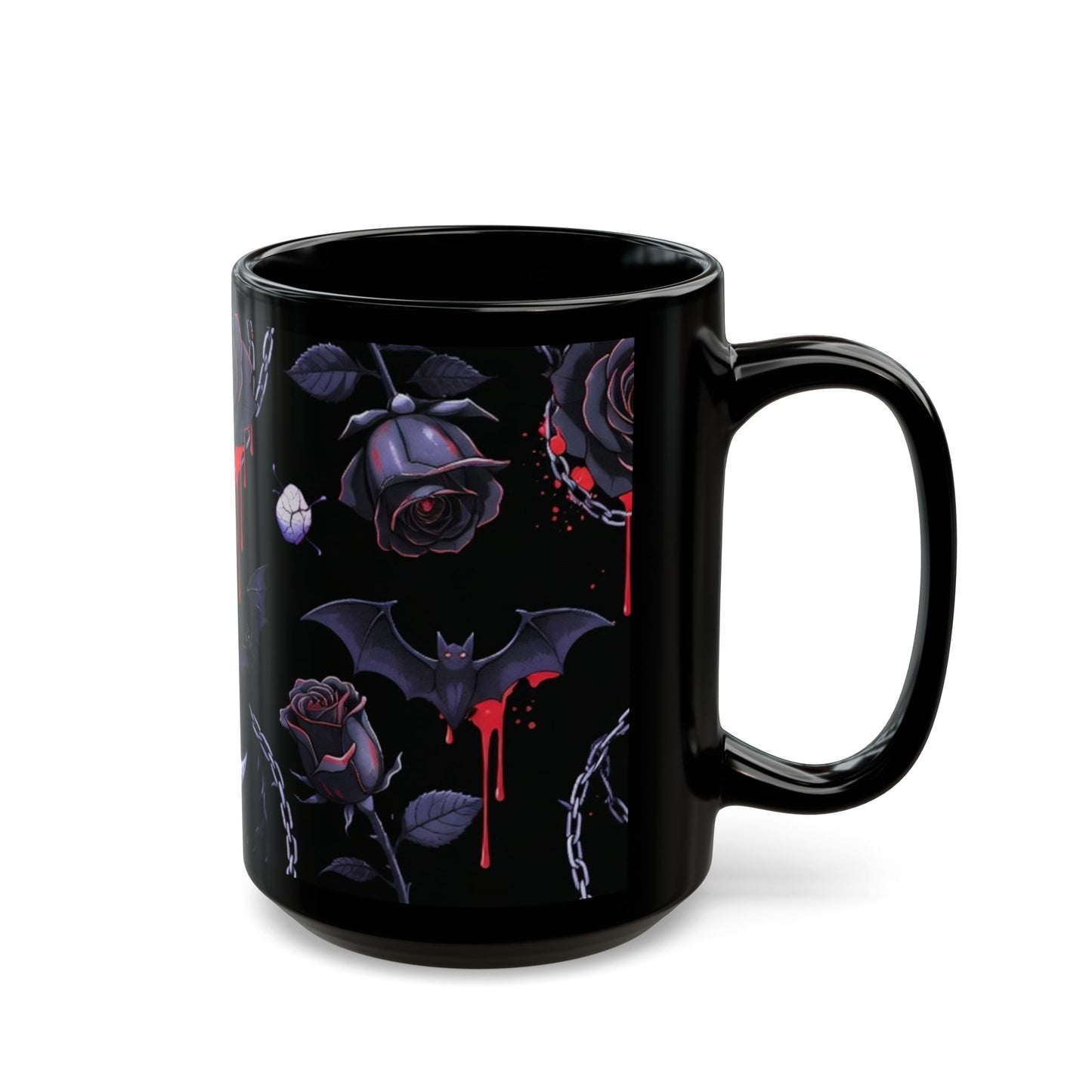 Gothic Moon & Bats Black Coffee Mug – Dark Rose, Chains & Dripping Blood Design (11oz/15oz)