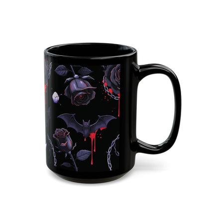 Gothic Moon & Bats Black Coffee Mug – Dark Rose, Chains & Dripping Blood Design (11oz/15oz)