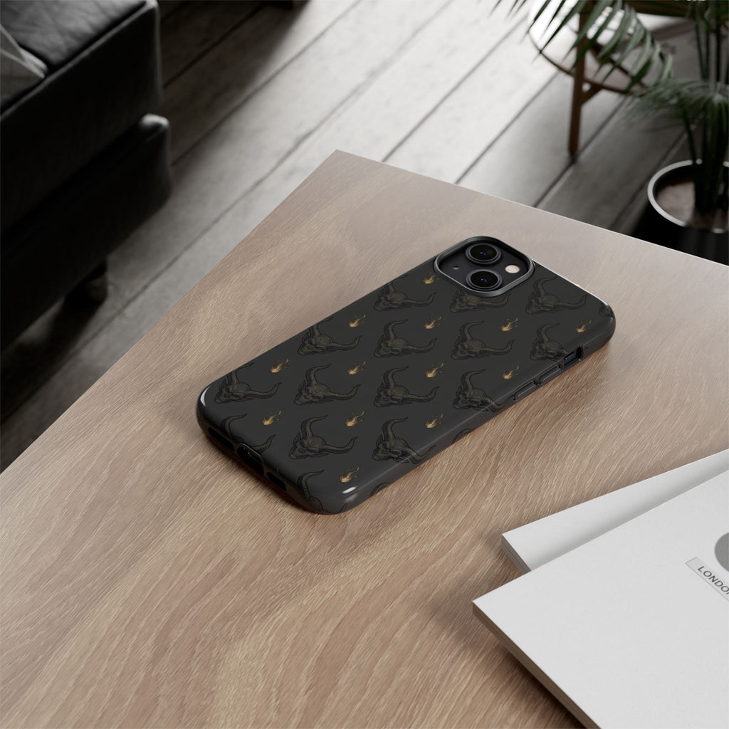 Dark Skull Pattern Phone Case — Gothic Bull Skull with Tiny Flame Accent