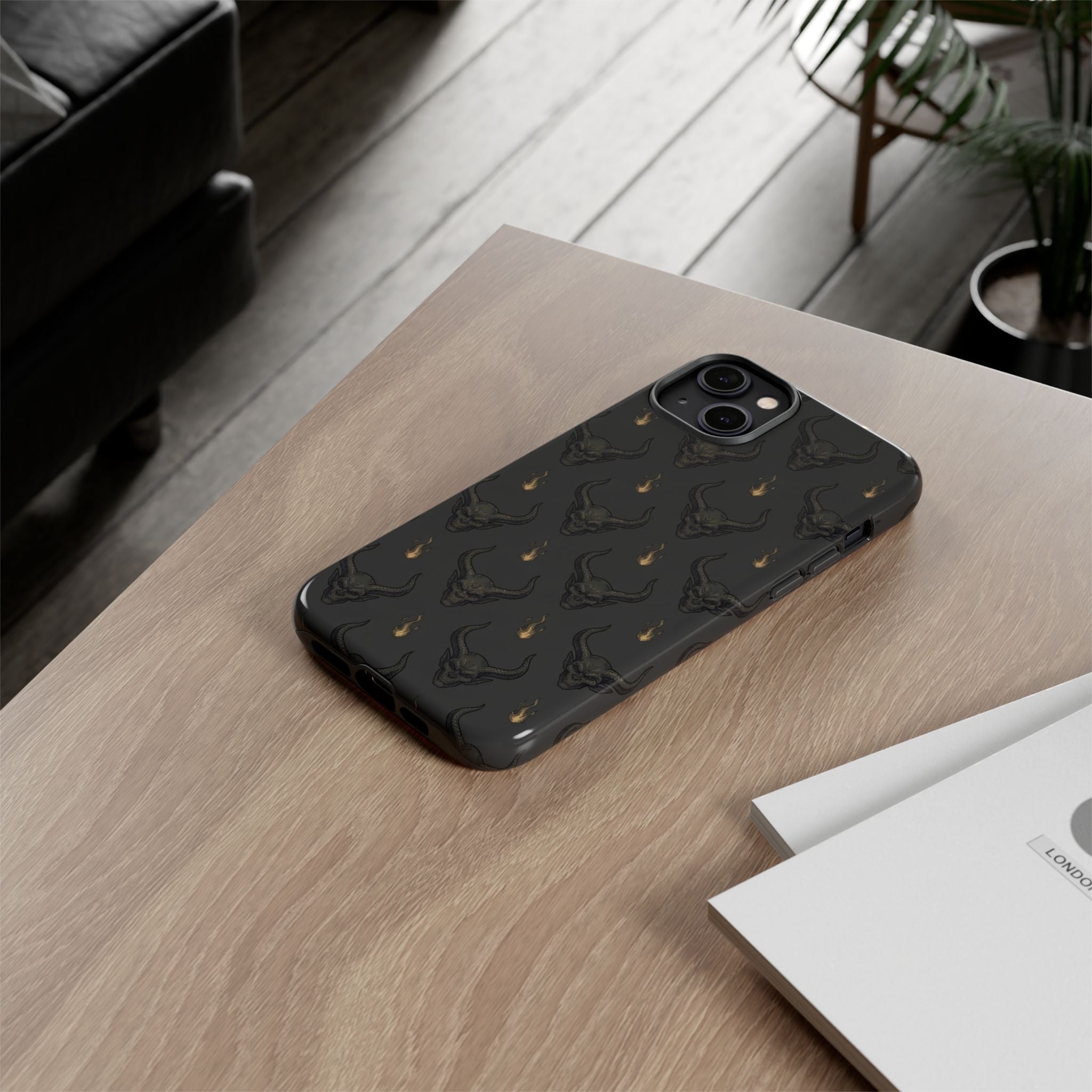 Dark Skull Pattern Phone Case — Gothic Bull Skull with Tiny Flame Accent