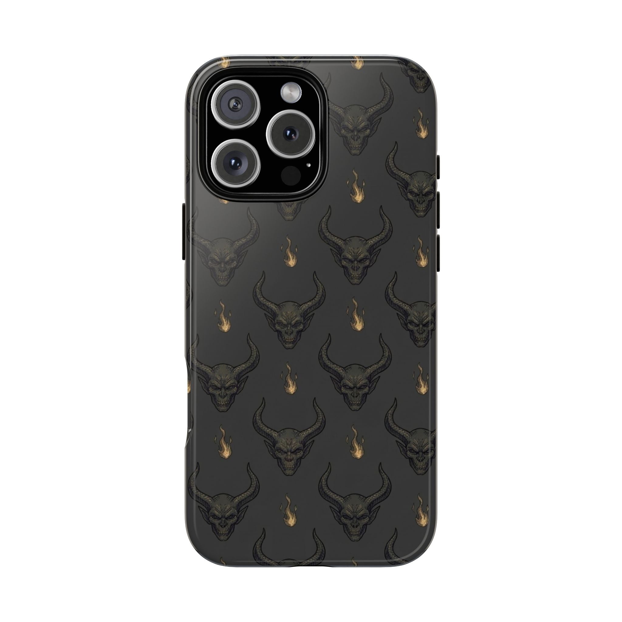 Dark Skull Pattern Phone Case — Gothic Bull Skull with Tiny Flame Accent