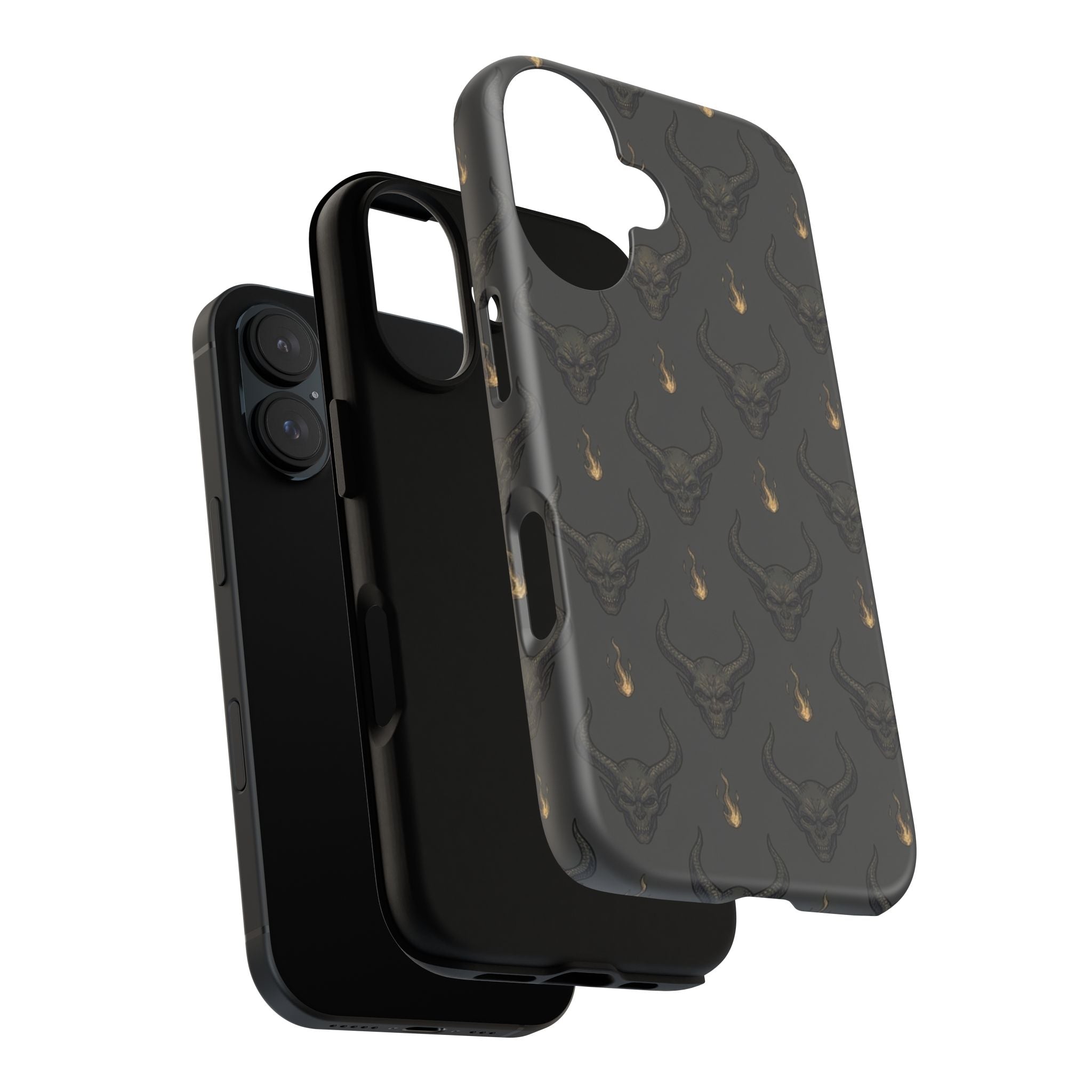 Dark Skull Pattern Phone Case — Gothic Bull Skull with Tiny Flame Accent
