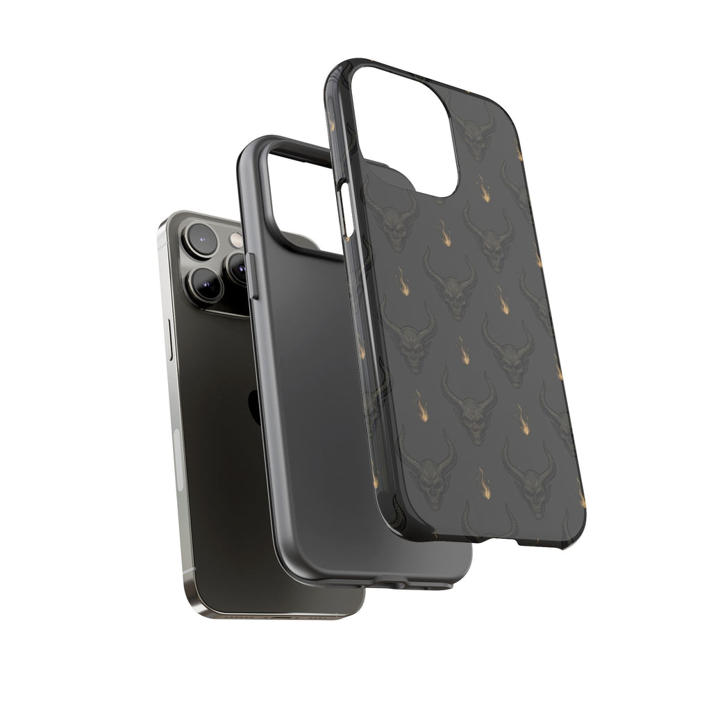 Dark Skull Pattern Phone Case — Gothic Bull Skull with Tiny Flame Accent