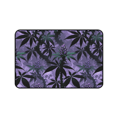 Purple Cannabis Leaf Desk Mat — Gothic Skull & Bud Gaming Mouse Pad