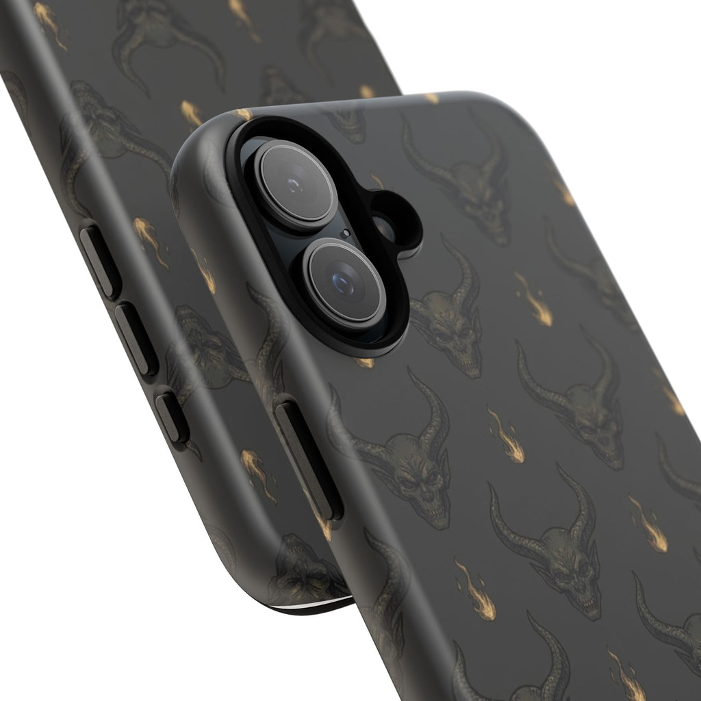 Dark Skull Pattern Phone Case — Gothic Bull Skull with Tiny Flame Accent