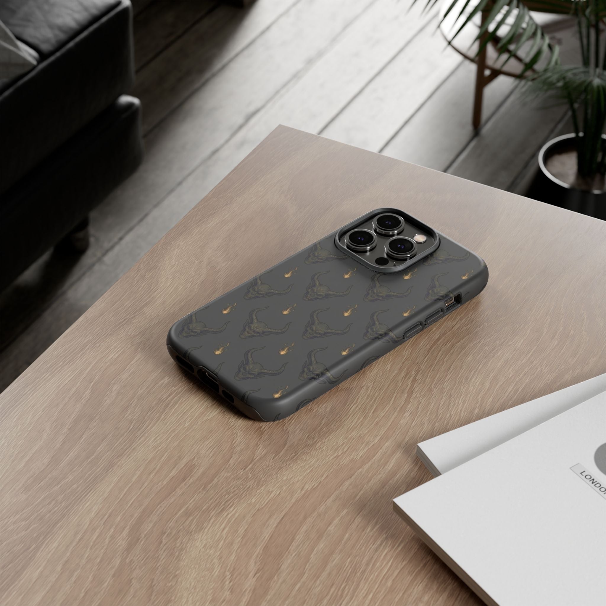 Dark Skull Pattern Phone Case — Gothic Bull Skull with Tiny Flame Accent