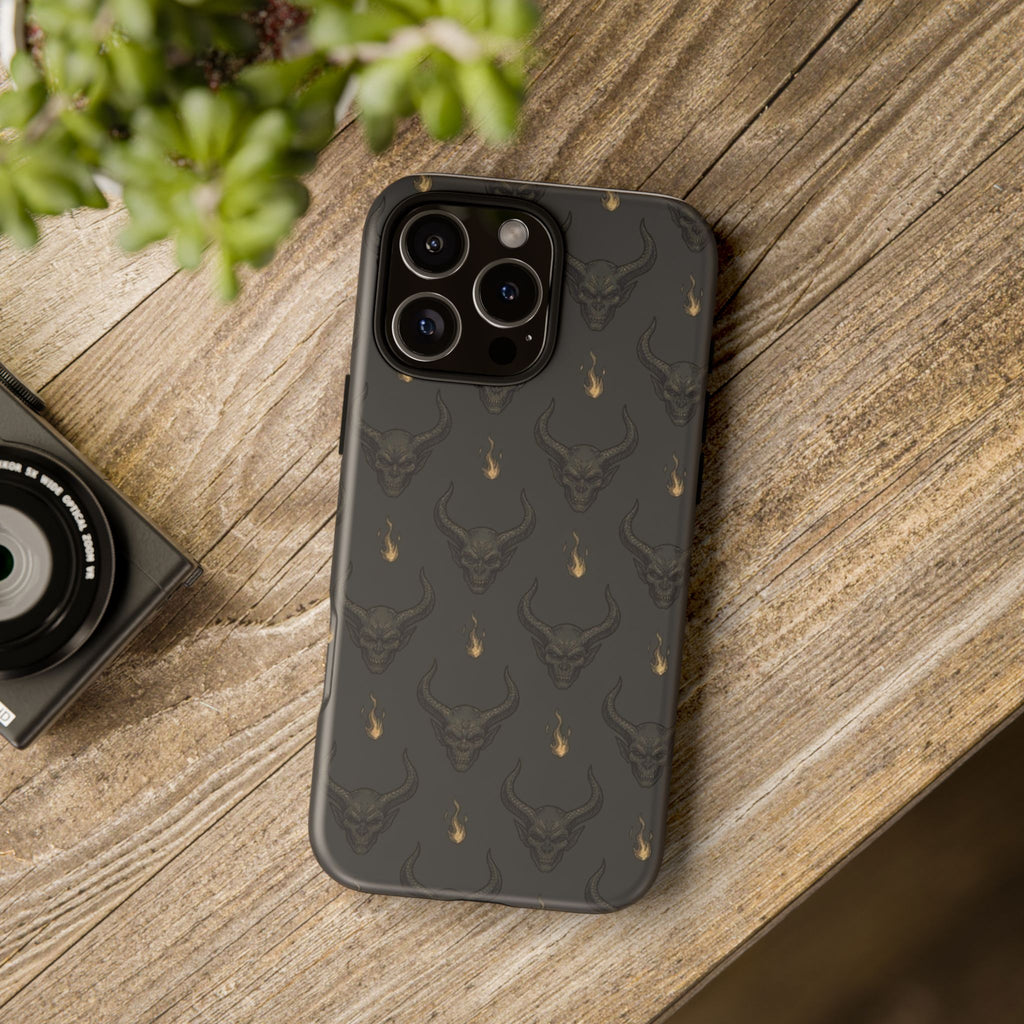 Dark Skull Pattern Phone Case — Gothic Bull Skull with Tiny Flame Accent