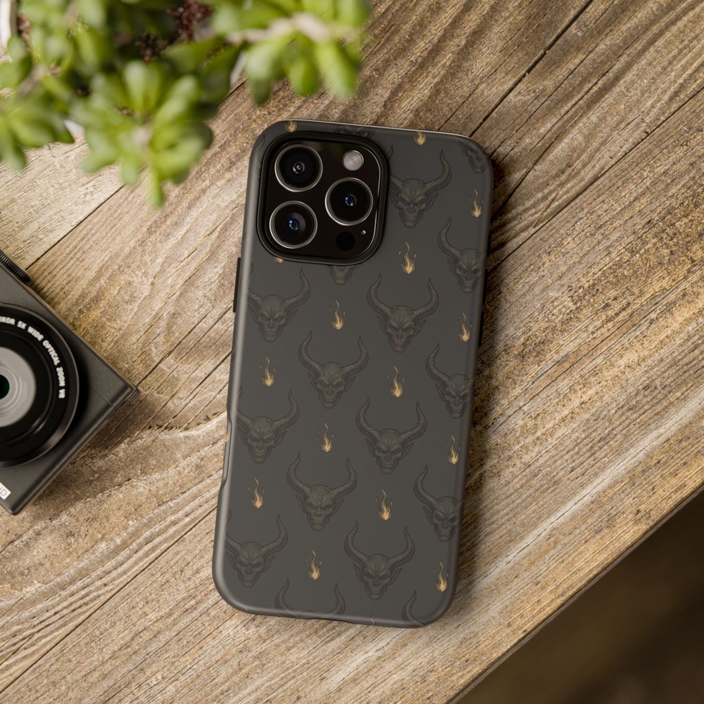 Dark Skull Pattern Phone Case — Gothic Bull Skull with Tiny Flame Accent