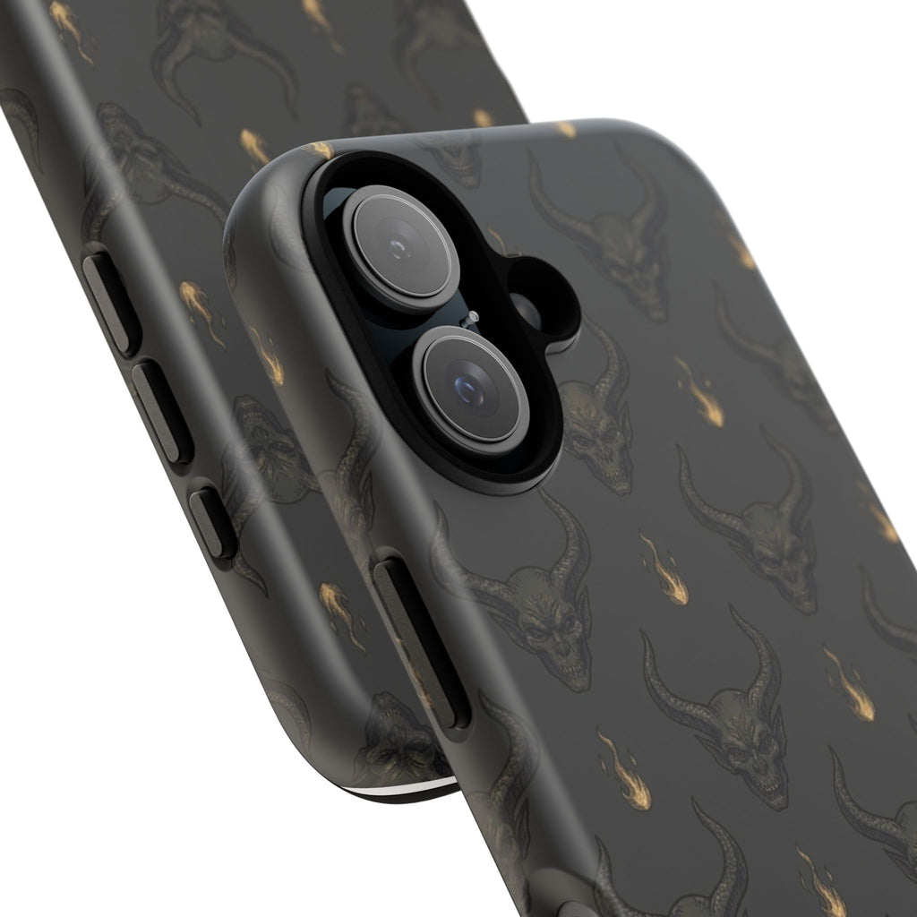 Dark Skull Pattern Phone Case — Gothic Bull Skull with Tiny Flame Accent