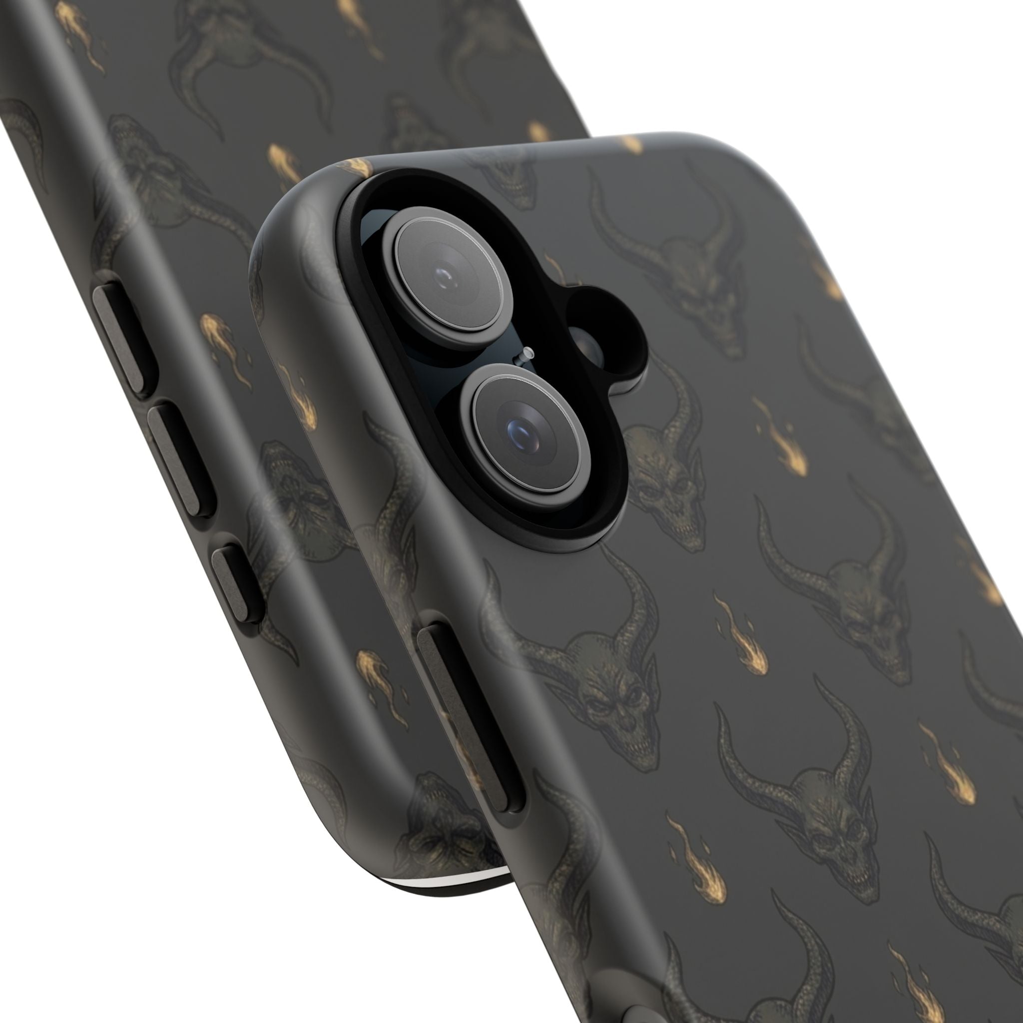Dark Skull Pattern Phone Case — Gothic Bull Skull with Tiny Flame Accent