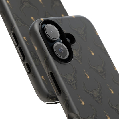 Dark Skull Pattern Phone Case — Gothic Bull Skull with Tiny Flame Accent