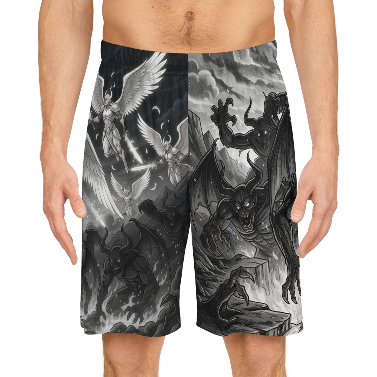 Angel vs Demon Basketball Shorts — Gothic All-Over-Print Athletic Shorts
