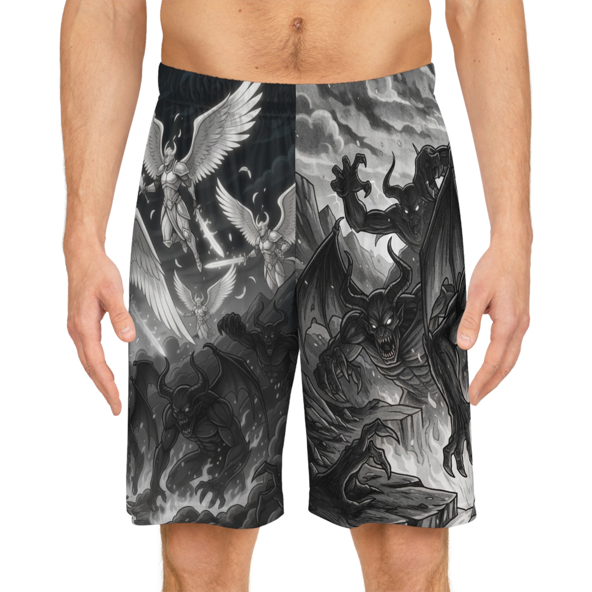 Angel vs Demon Basketball Shorts — Gothic All-Over-Print Athletic Shorts