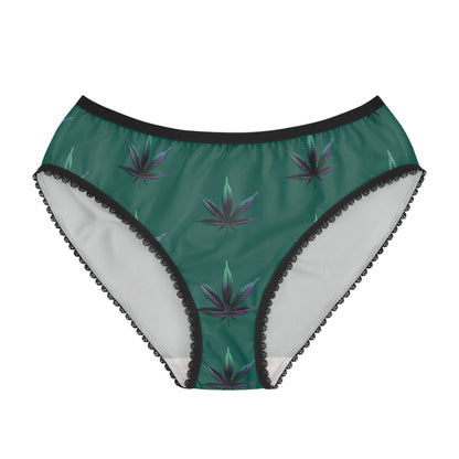 Cannabis Leaf Women's Briefs — Green All-Over Print Lace-Trim Panties