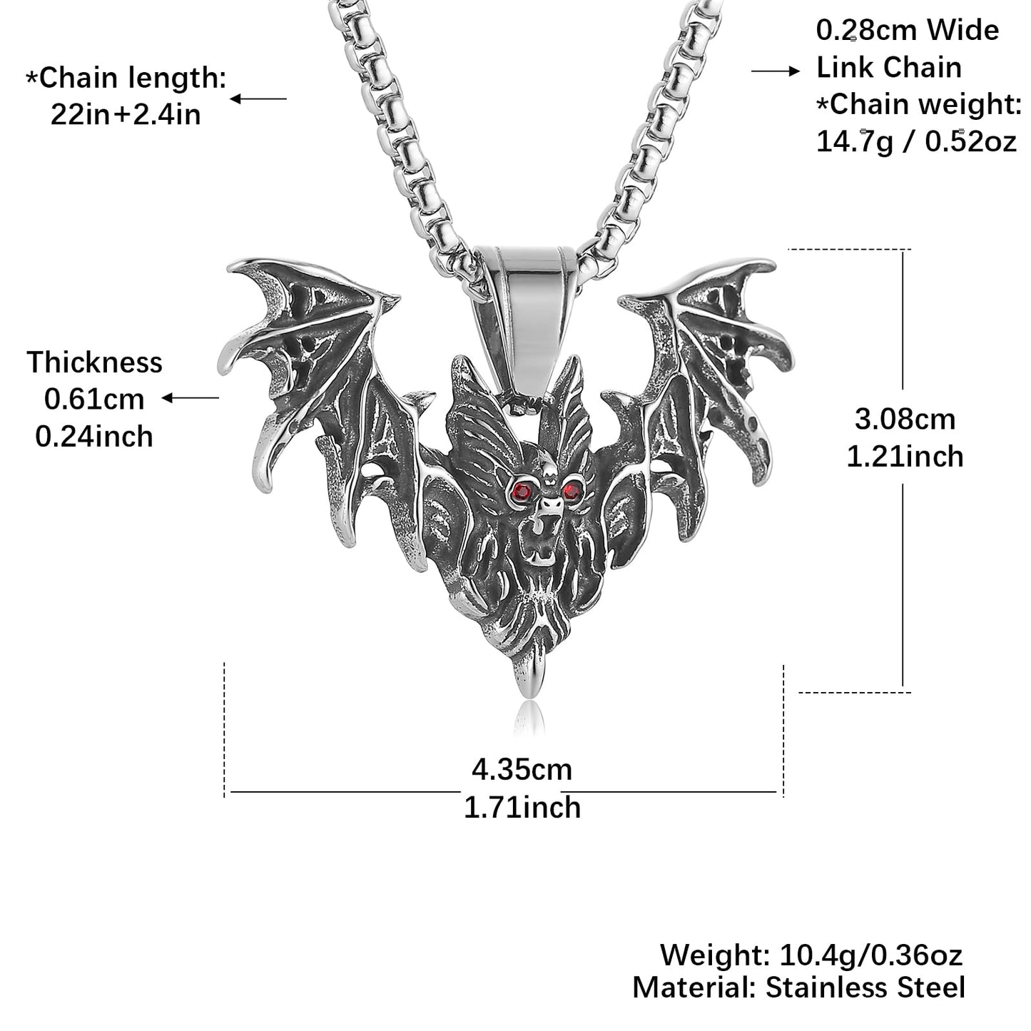 Stainless Steel Gothic Bat Pendant Necklace