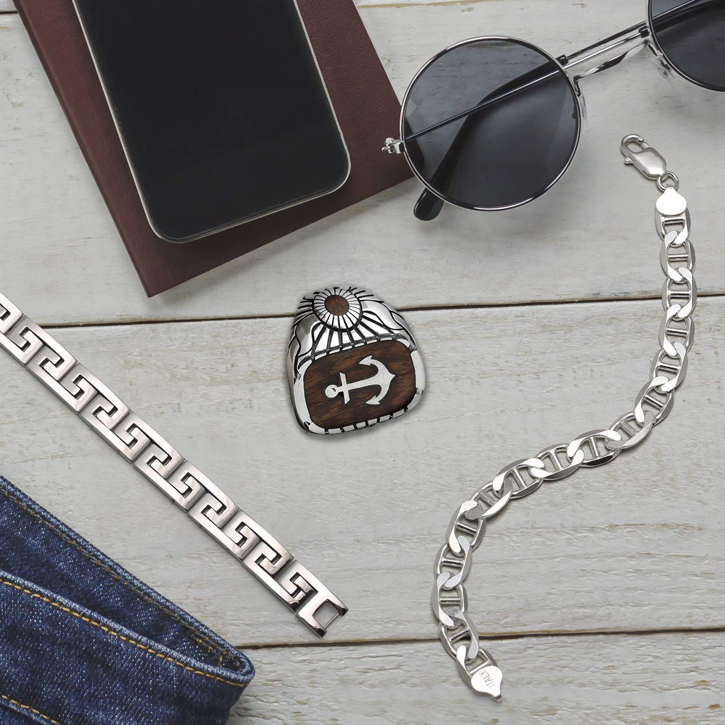Stainless Steel Infinity Greek Key Link Bracelet 8-9 Inch 12MM Width