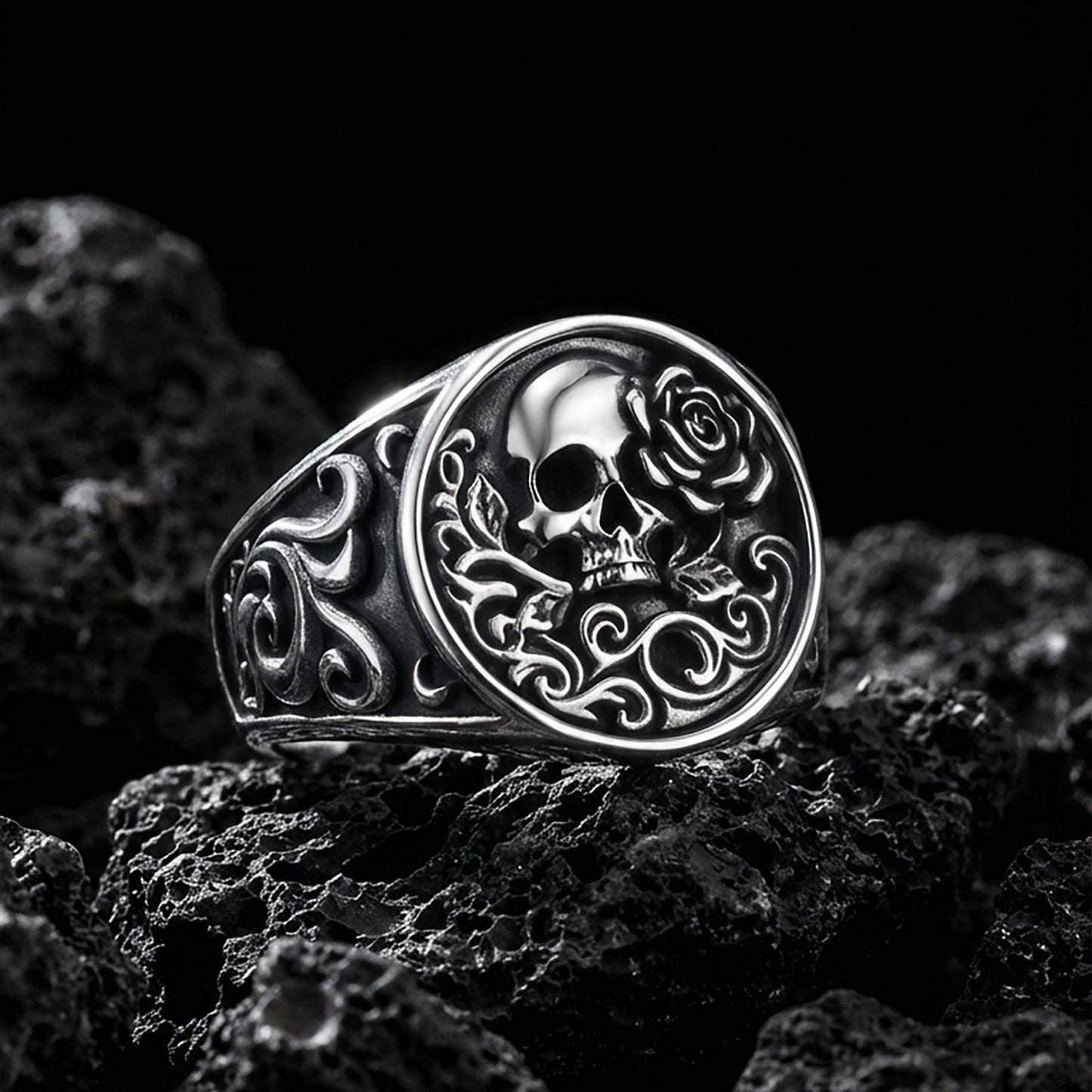 Stainless Steel Gothic Rose Skull Ring