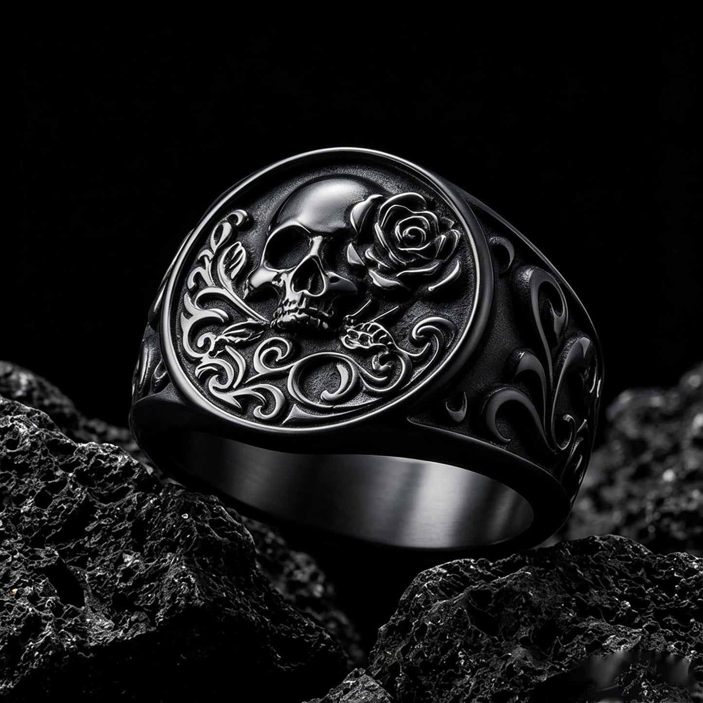 Stainless Steel Gothic Rose Skull Ring