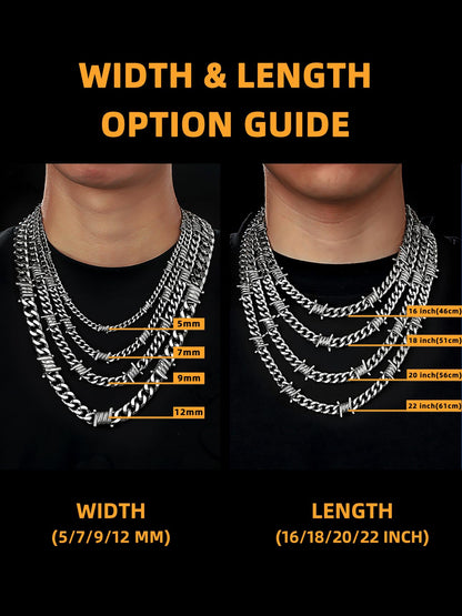 Stainless Steel Barbed Wire Thick Cuban Chain Necklace 5/7/9/12mm