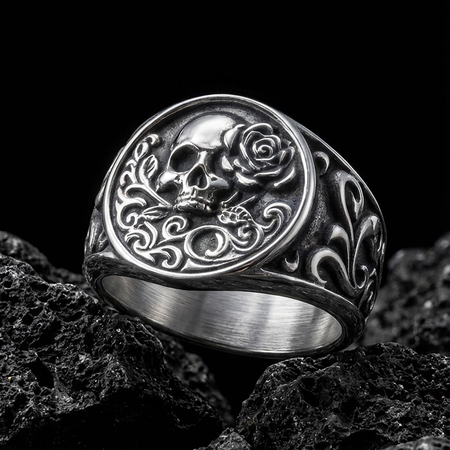 Stainless Steel Gothic Rose Skull Ring
