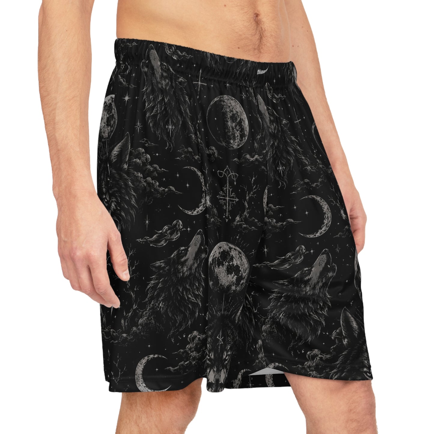Witchy Moon & Wolf Basketball Shorts — Gothic All-Over Print