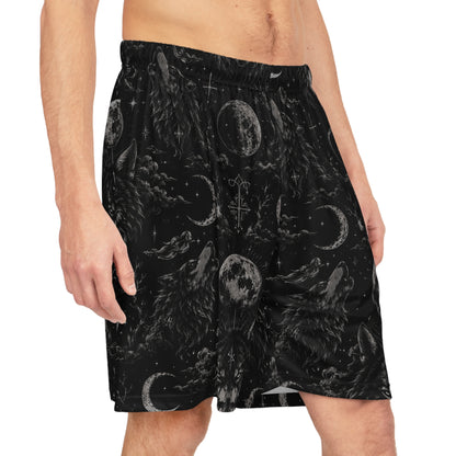 Witchy Moon & Wolf Basketball Shorts — Gothic All-Over Print
